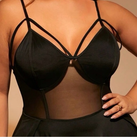 Plus Size Sheer Mesh Lace High Slit Maxi Dress Black - Picture 5 of 5